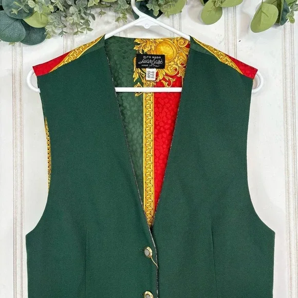 Vintage Luan Sare Alta‎ Moda Vest Italian Wool Green Red Gold Baroque Mob Wife - Picture 4 of 13